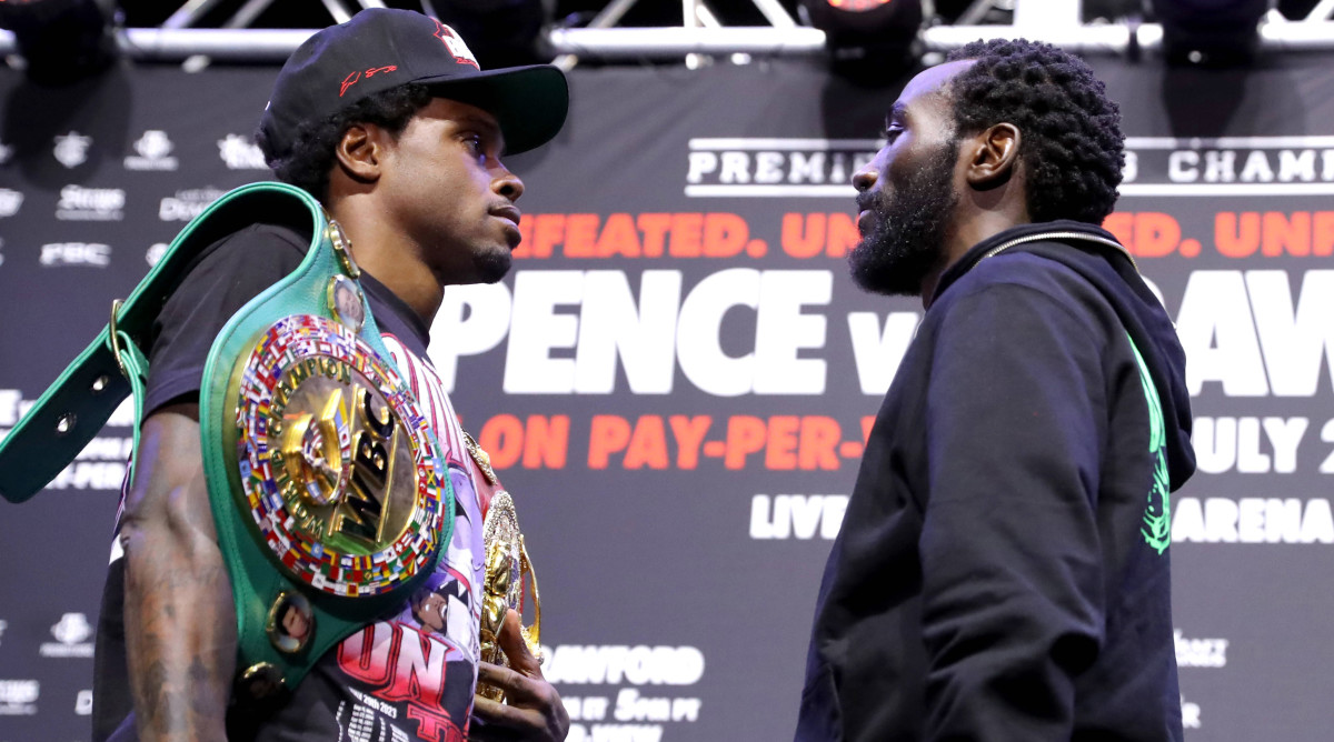 Terence Crawford and Errol Spence Jr. face each other at a press conference before their fight in Las Vegas.